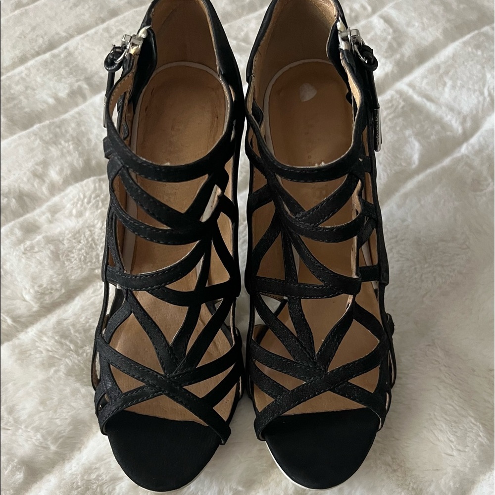 L.A.M.B. Women's Black suede Strappy Stiletto Heels With Zipper